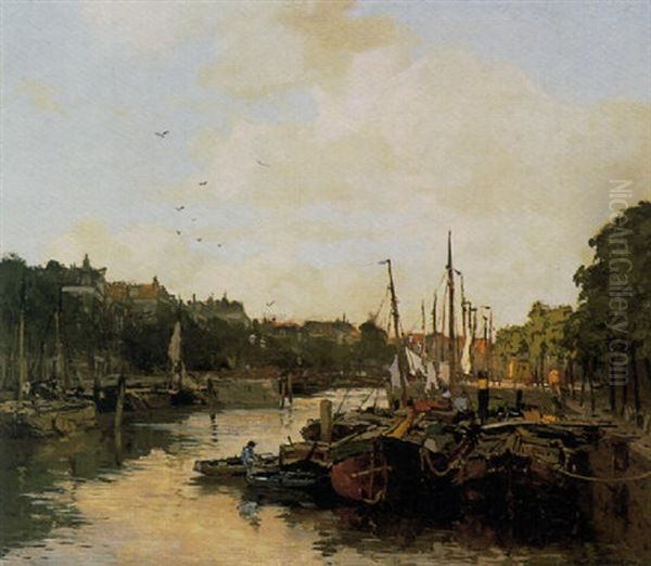 A Harbour Scene Oil Painting by Johan Hendrik van Mastenbroek
