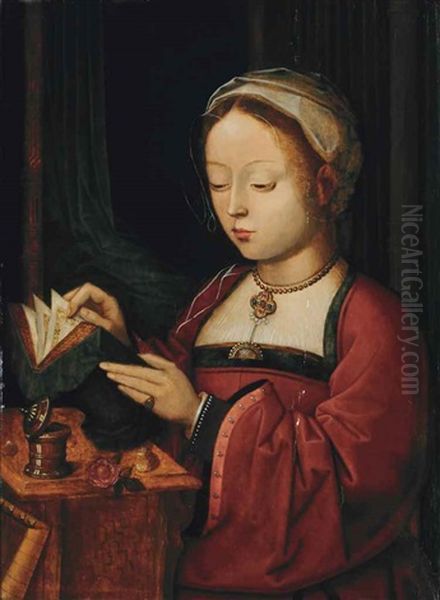 Saint Mary Magdalene Reading At A Table, With A Red Rose Before Her Oil Painting by  Master of the Female Half Lengths