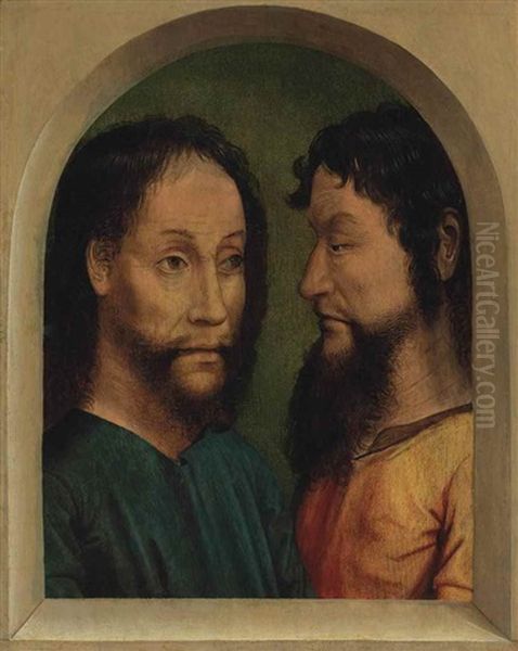 Two Apostles, Bust-length, At A Window Oil Painting by  Master of the Legend of Saint Lucy
