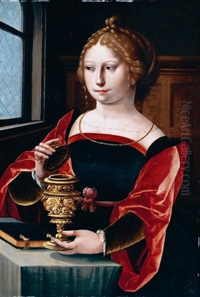 The Magdalene Seated At A Table By A Window, Holding A Gold Encrusted Urn Oil Painting by  Master of the Parrot