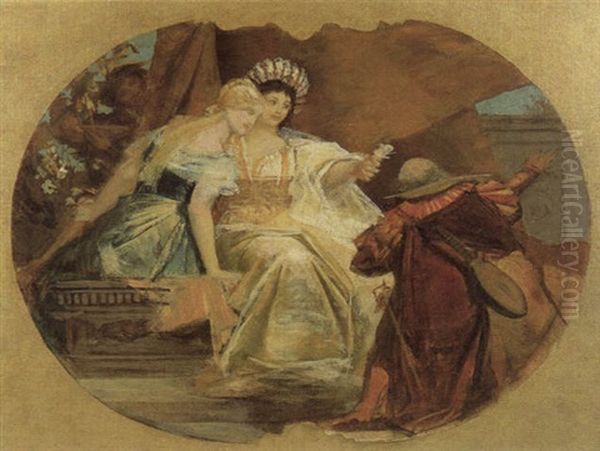 Alter Mann Rezitiert Vor Zwei Jungen Frauen Oil Painting by Franz Von Matsch