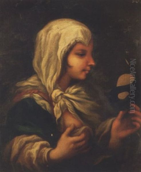 A Young Woman In A White Smock And A Blue Cloak, Holding A Carnival Mask Oil Painting by Paolo de Matteis