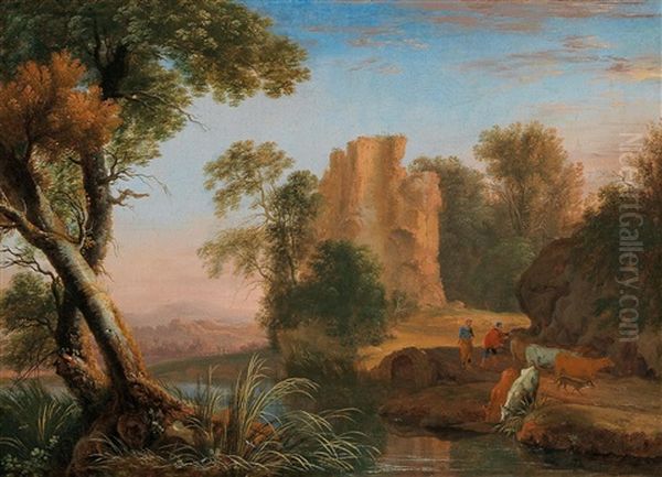 A Campagna Landscape With Shepherds And Their Flock By A Stream Oil Painting by Henri de Mauperche