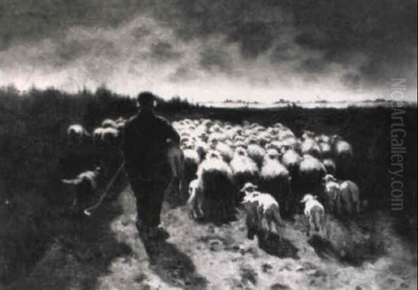 Shepherd With Flock Oil Painting by Anton Mauve