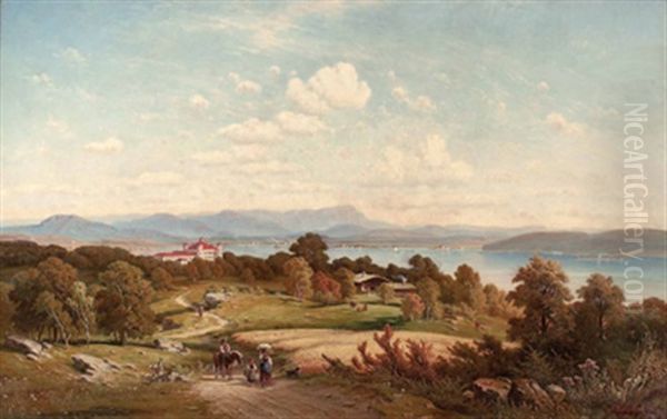 Panoramablick Uber Den Starnberger See Mit Dem Schloss Possenhofen, Der Roseninsel Und Im Hintergrund Die Alpen Oil Painting by Josef Mayburger