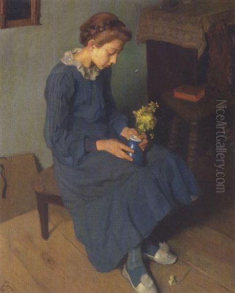 Interior Med Ung Pige I Bla Kjole Siddende Med Vase I Skodet Oil Painting by Georg Mayer-Franken