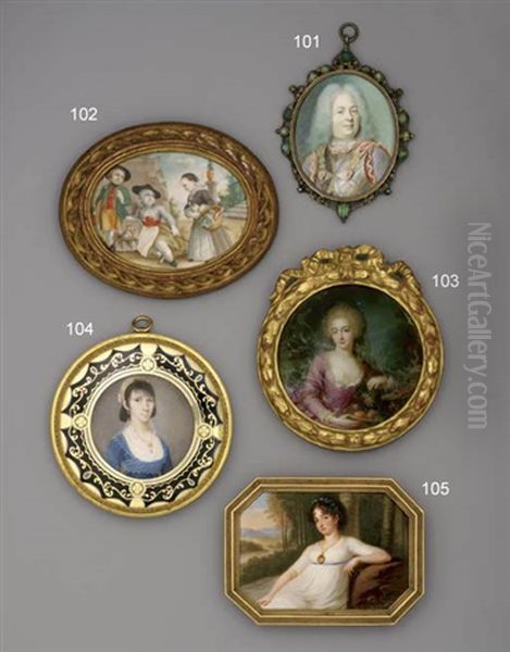 A Young Lady, In Red Sprigged Checked Blue Dress With Lace-bordered White Fichu, Wearing A Portrait Miniature Suspended From A Gold Chain Around Her Neck, Gold And Pearl Hoop Earrings Oil Painting by Peter Mayr