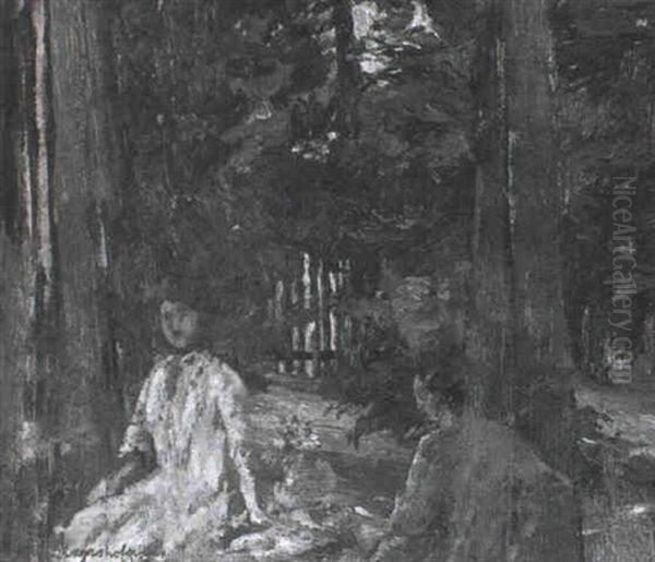 Zwei Frauen Am Tisch Im Garten Oil Painting by Max Mayrshofer