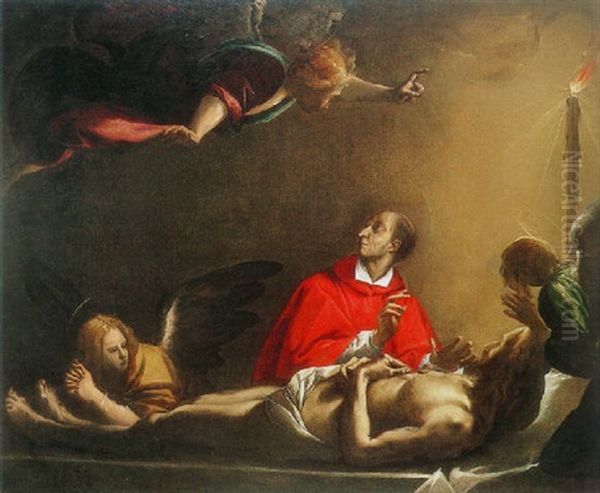 Saint Carlo Borromeo Meditating By The Body Of Christ Oil Painting by Pier Francesco (il Morazzone) Mazzuchelli