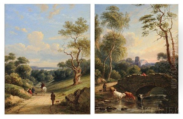 Two Landscapes: Shepherd With Cows At A Stream Oil Painting by James Edwin Mcburney