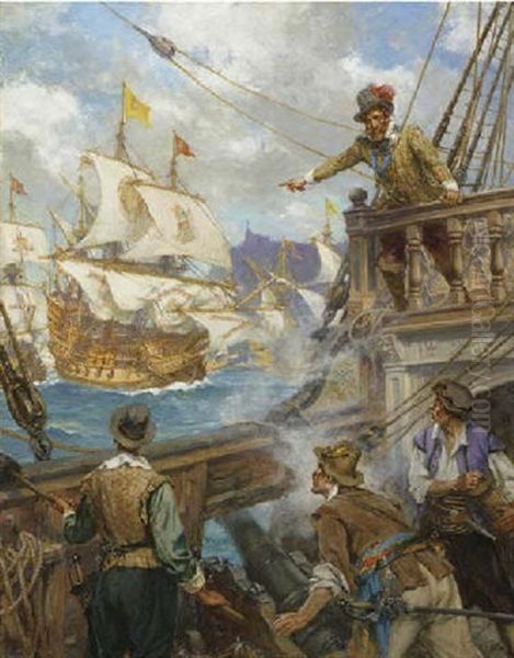 Sir Francis Drake At Cadiz Oil Painting by Arthur David Mccormick