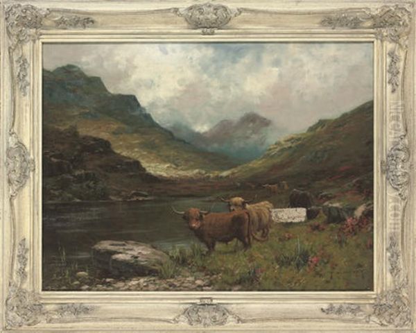 Highland Cows Beside A Loch Oil Painting by Thomas Hope Mckay
