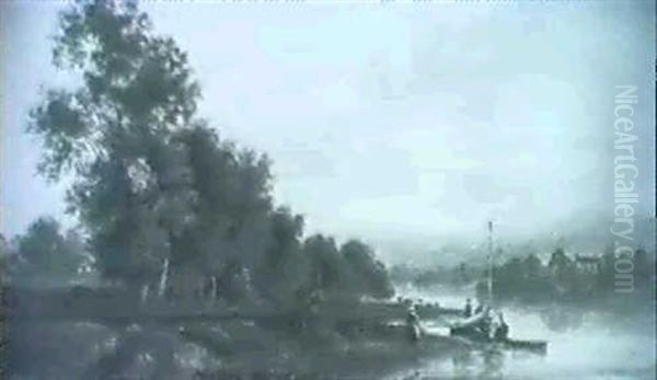 Figures Beside A Boat In An Extensive River Landscape Oil Painting by Arthur Joseph Meadows