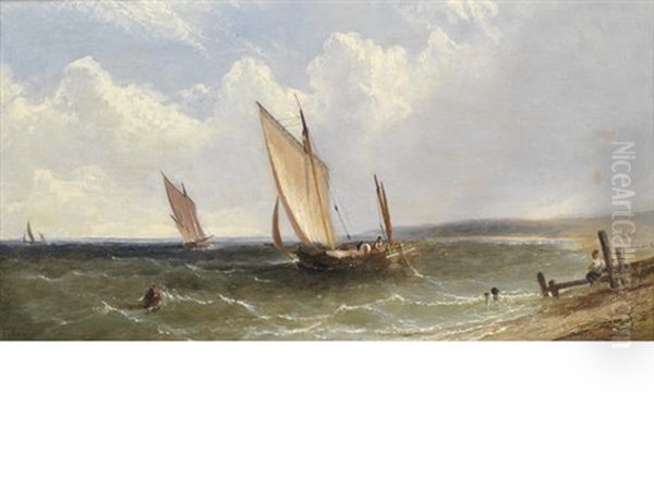 Fishing Vessels Off The Coast Oil Painting by James E. Meadows
