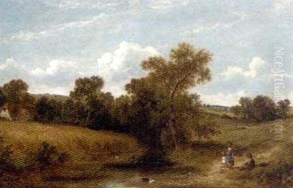 Children By A Ford Oil Painting by James Edwin Meadows