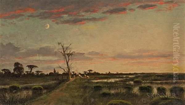 Bayou Field With Campsite At Dusk Under A Crescent Moon Oil Painting by Joseph Rusling Meeker