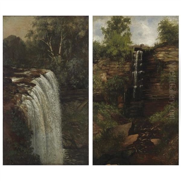 Minnehaha Falls (+ Woodland Falls; Pair) Oil Painting by Joseph Rusling Meeker