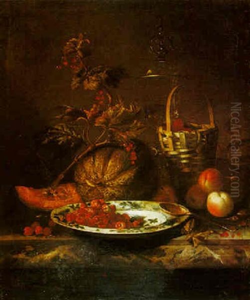 Still Life Of Raspberries In A Blue And White Porcelain Bowl, A Melon And Other Fruits, A Tazza And A Spoon, All On A Marble Ledge Oil Painting by Barend van der Meer