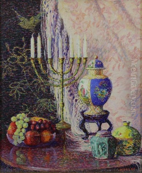 Still Life With Menorah, Fruits, Jars And Bird Oil Painting by Lillian Burk Meeser