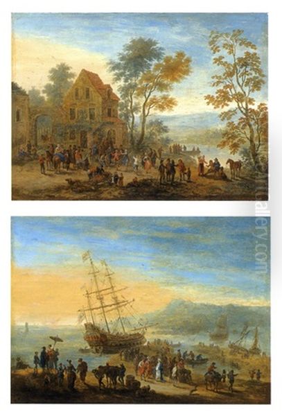 Scene De Port Anime D'orientaux (+ Scene De Kermesse Pres D'une Riviere; Pair) Oil Painting by Jan-Baptiste van der Meiren