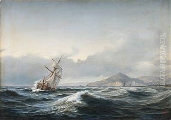 Seascape With A Sailing Ship In Rough Sea. In The Background A Rocky Coast Oil Painting by Daniel Hermann Anton Melbye