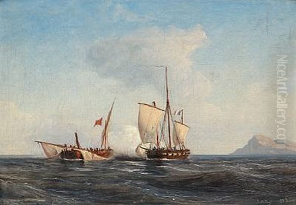 Two Sailing Ships Fighting Against Each Other Oil Painting by Daniel Hermann Anton Melbye