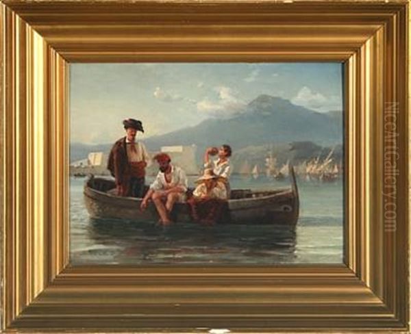 Italian Fishers In A Boat Oil Painting by Daniel Hermann Anton Melbye