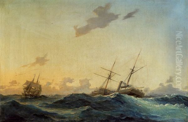 Schiffe In Sturmischer See Oil Painting by Daniel Hermann Anton Melbye