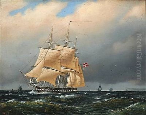 Seascape With A Danish Naval Ship Oil Painting by Vilhelm Melbye