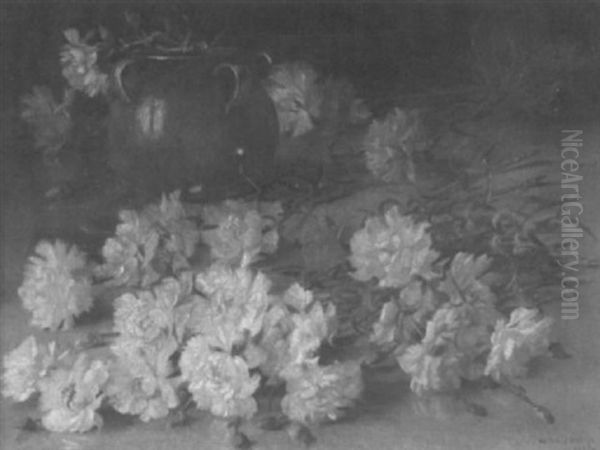 Stilleben Mit Weis-rosafarbenen Nelken Und Einem Krug Oil Painting by Victoria (Princess of Coburg) Melita