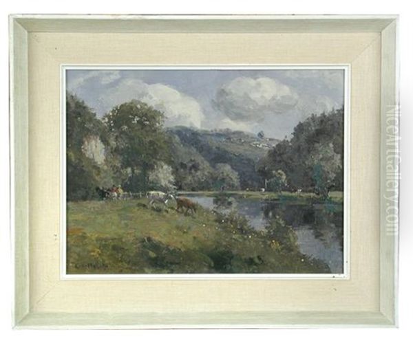 Cattle Grazing In The Wye Valley; And A Ferry Boat Crossing A River In The Wye Valley Oil Painting by Campbell A. Mellon