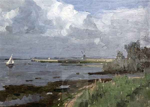 Coastal Landscape With Windmill Oil Painting by Campbell A. Mellon