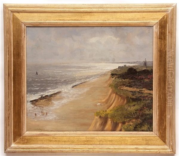 Figures On Sea Palling Beach Oil Painting by Campbell A. Mellon