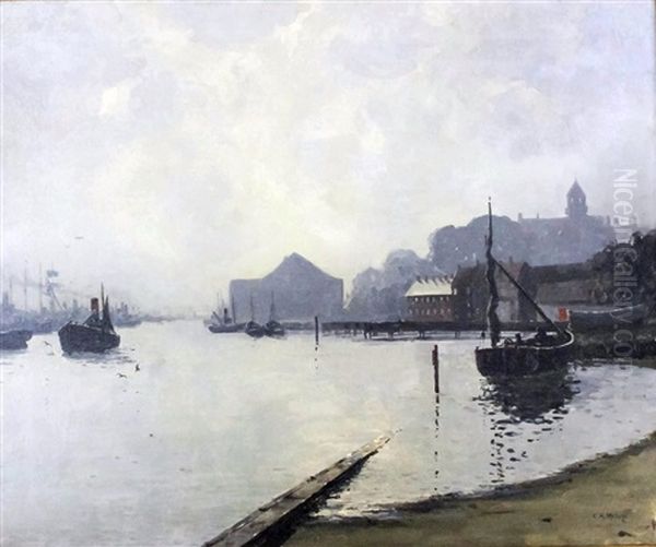 River Scene In Winter With Various Boats And Shipping To Foreground And Church And Town To Background Oil Painting by Campbell A. Mellon