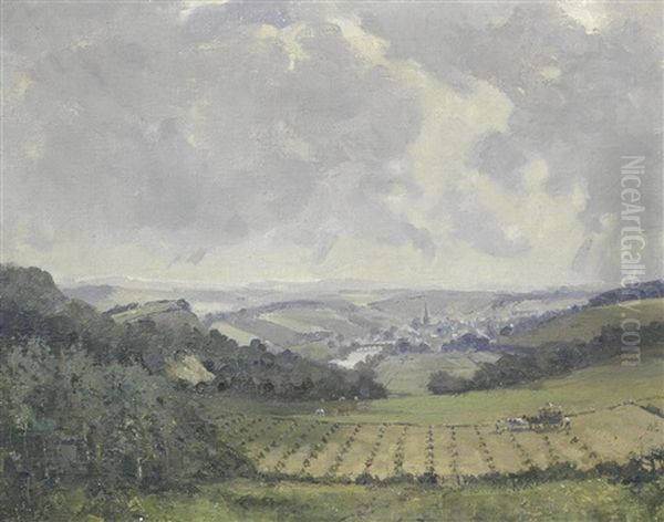 Farm Scene With Village Beyond Oil Painting by Campbell A. Mellon