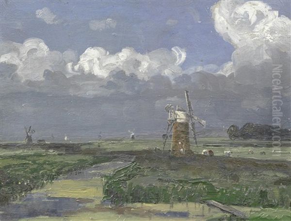 Landscape With Windmills Oil Painting by Campbell A. Mellon