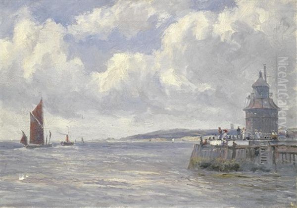 Ship With Red Sail Off Gorleston Pier, Great Yarmouth Oil Painting by Campbell A. Mellon