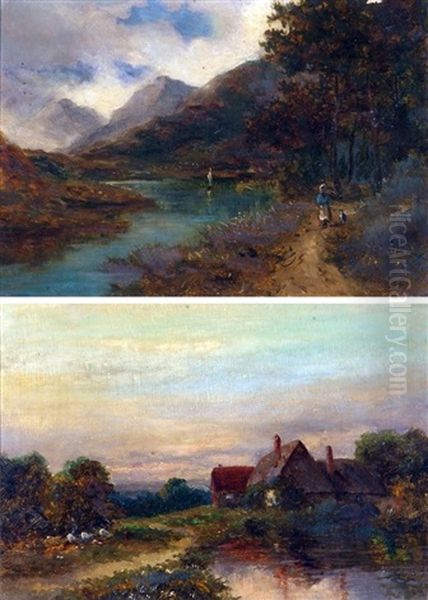 Mountain River Landscape; Rural Landscape With Cottage (pair) Oil Painting by Campbell A. Mellon