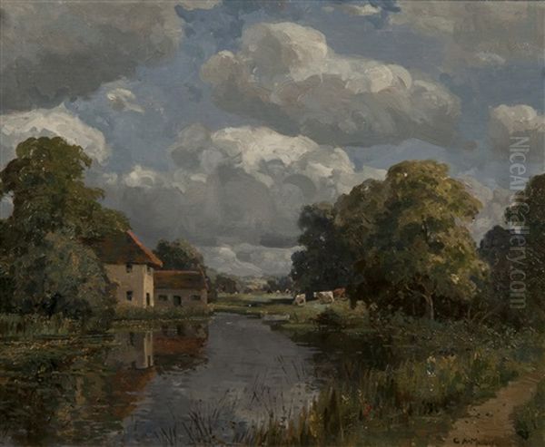 Cattle Beside A Mill Pool Oil Painting by Campbell A. Mellon