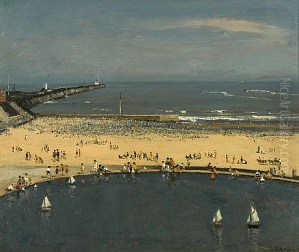 Crowded Beach, Gorleston, With Boating Pond To The Foreground Oil Painting by Campbell A. Mellon