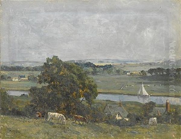 Cattle In A Landscape With River Beyond Oil Painting by Campbell A. Mellon