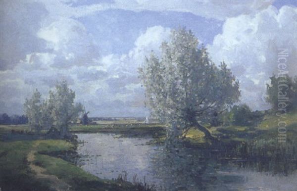 Greywillows, St. Olaves, Early July 1929: A Meandering Suffolk River Landscape With A Tree Standing Askant By The Riverside, A Windmill Beyond Oil Painting by Campbell A. Mellon