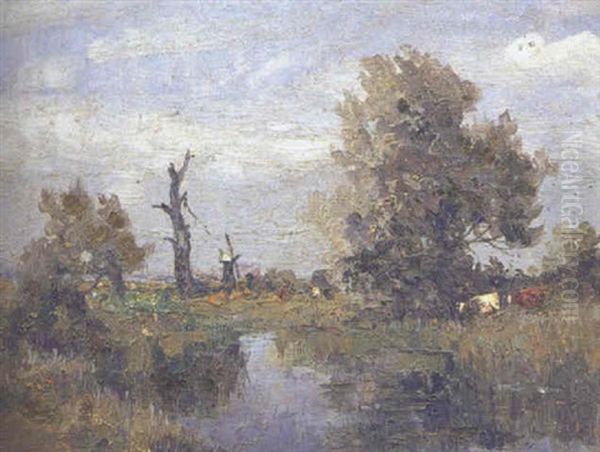 Sketch - St. Olaves; Cattle Grazing Beside A Suffolk River, A Windmill Beyond Oil Painting by Campbell A. Mellon