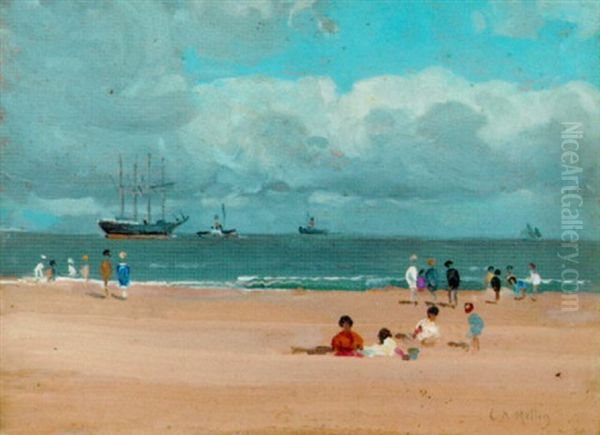 Figures On Gorleston Beach Oil Painting by Campbell A. Mellon