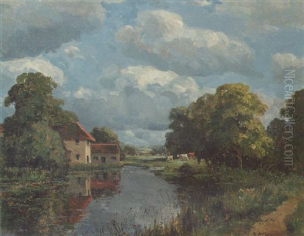 Cattle Grazing By A River Oil Painting by Campbell A. Mellon