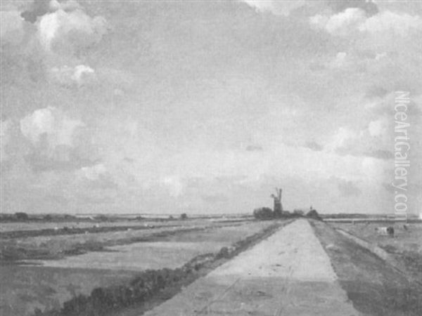 Dutch Landscape With Windmill Oil Painting by Campbell A. Mellon