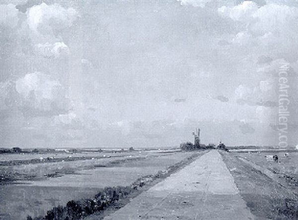 Extensive Landscape With A Windmill Oil Painting by Campbell A. Mellon