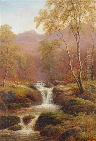 Sheep Grazing Beside A Waterfall Oil Painting by William Mellor