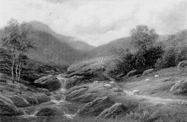 Highland Scene With Waterfall And Sheep Oil Painting by William Mellor