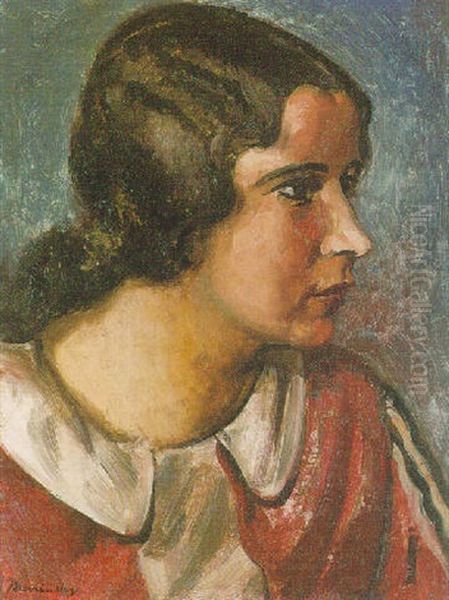 Portrait Of A Woman In A Red Blouse Oil Painting by Bernard Meninsky